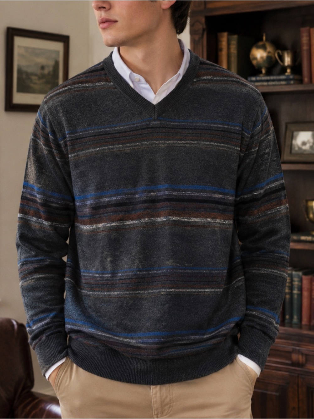 Club Room Merino Wool Blend V-Neck Sweater Men’s Large Gray Striped Preppy